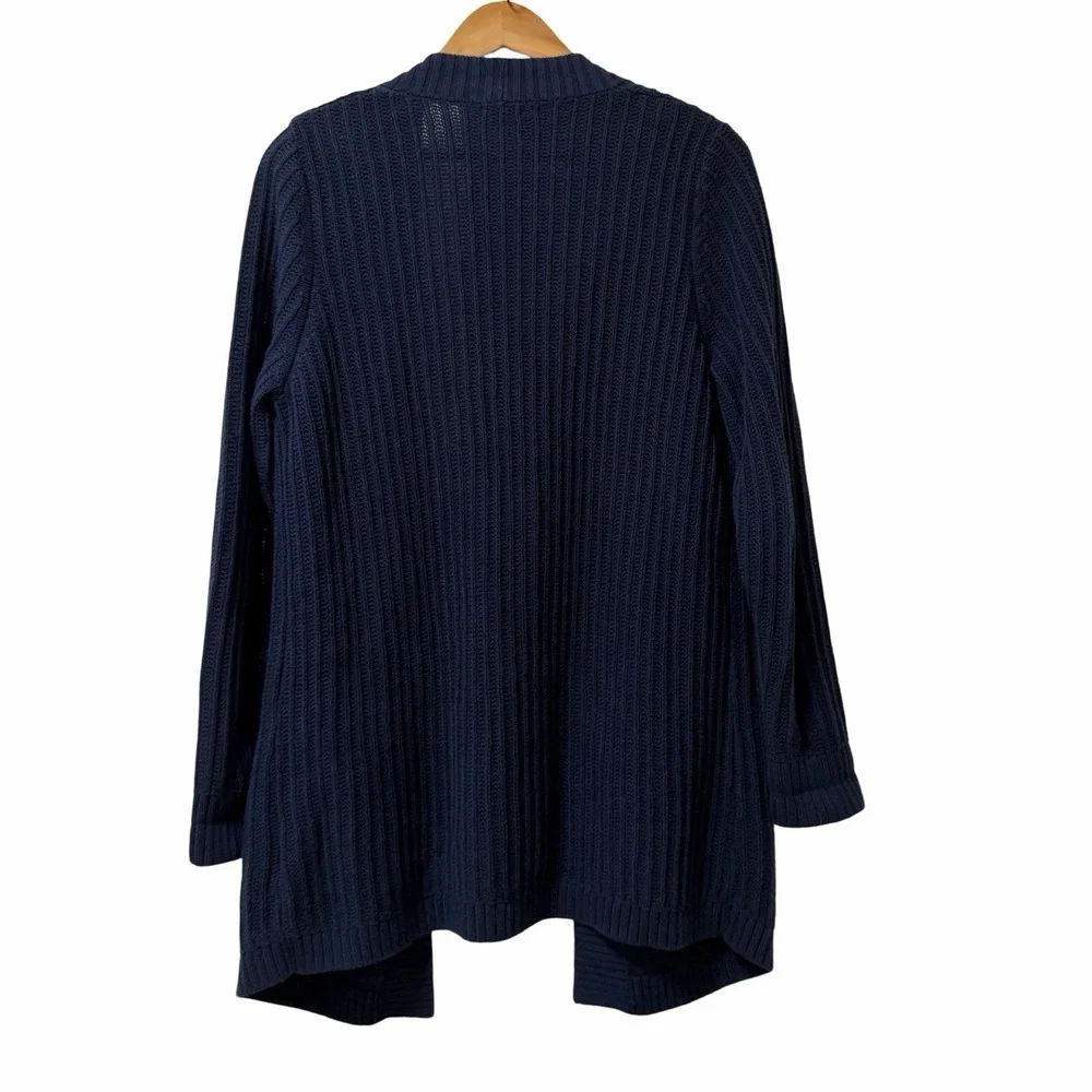 LL Bean Women Shaker Stitch Open Long Cardigan Size M Navy Chunky Knit Cabincore